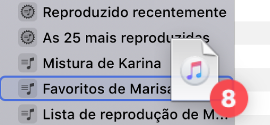 Um álbum a ser arrastado para uma lista de reprodução. A lista de reprodução é realçada por um retângulo azul.