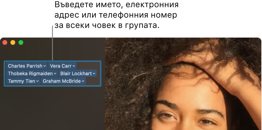Прозорец на FaceTime, показващ как да осъществите видео или аудио повикване, как да използвате полето за търсене, за да въведете или търсите детайли за контакт и как да видите списъка с последните повиквания.