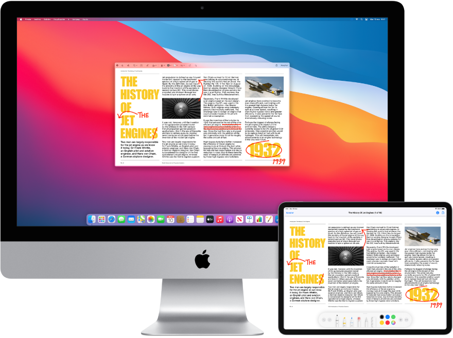 Un iMac al lado de un iPad. Ambas pantallas muestran un artículo lleno de anotaciones a mano de color rojo, como frases tachadas, flechas y palabras añadidas. El iPad también tiene controles para editar marcas en la parte inferior de la pantalla.