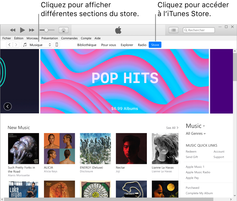 La fenêtre principale de l’iTunes Store : Dans la barre de navigation, Store est surligné. Dans le coin supérieur gauche, choisissez de voir différents contenus dans l’iTunes Store (par exemple Musique ou TV).