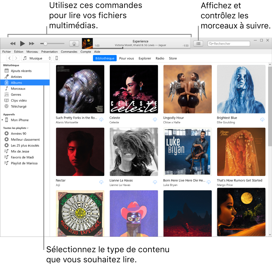 La fenêtre principale de la bibliothèque iTunes : Dans le navigateur, choisissez le type de contenus multimédias à lire (tel que Musique). Utilisez les commandes de la bannière située en haut pour lire votre contenu multimédia, et utilisez le menu local Liste d’attente sur la droite pour voir votre bibliothèque de différentes manières.