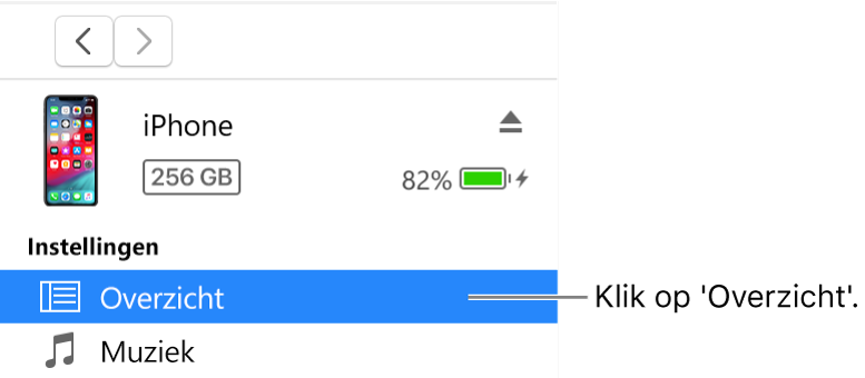 Het apparaatvenster met in de zijbalk aan de linkerkant 'Overzicht' geselecteerd.