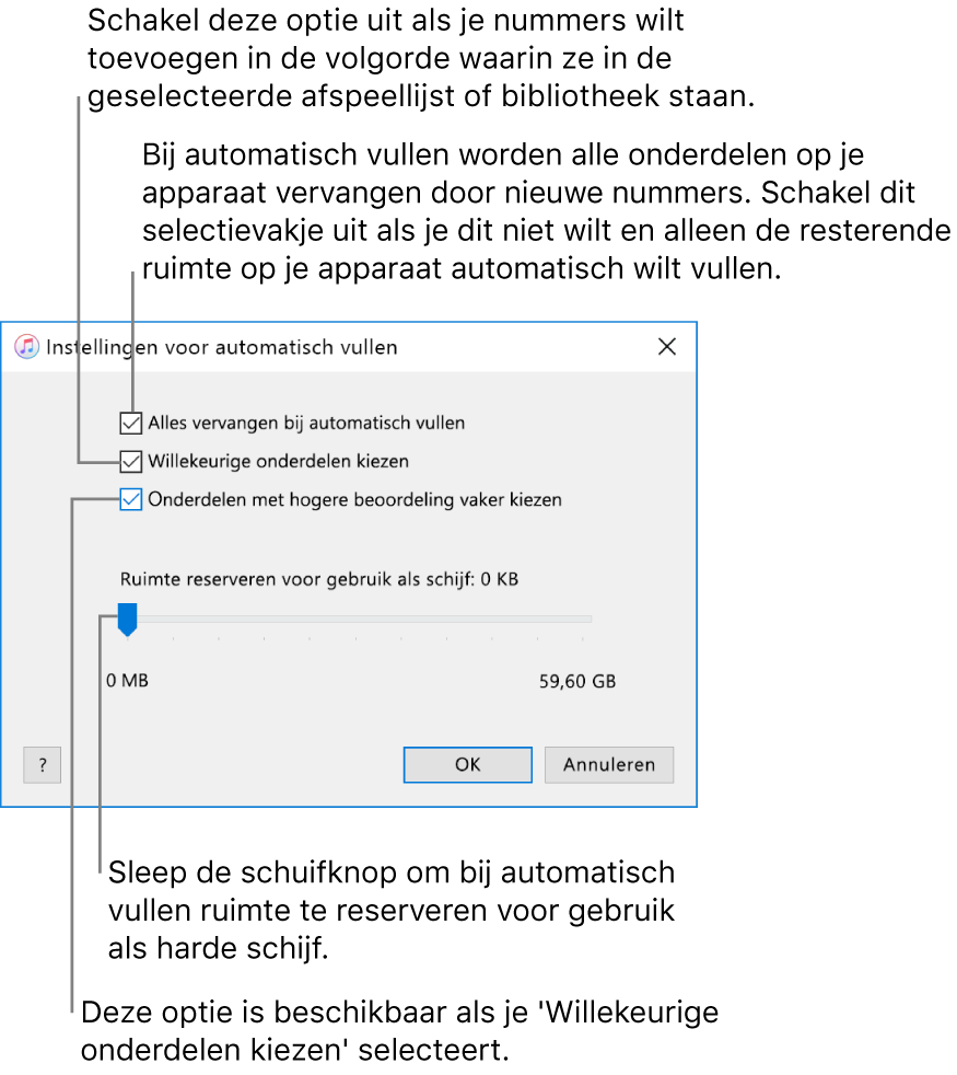 Het dialoogvenster 'Instellingen voor automatisch vullen' met vier opties, van boven naar beneden. Als je muziek op je mobiele apparaat hebt staan en alle onderdelen met automatisch vullen door nieuwe nummers wilt vervangen, selecteer je de optie 'Alles vervangen bij automatisch vullen'. Zo niet, schakel je deze optie uit om de resterende ruimte op je mobiele apparaat te laten opvullen. Om nummers toe te voegen in de volgorde waarin ze in je bibliotheek of de geselecteerde afspeellijst voorkomen, schakel je de optie 'Willekeurige onderdelen kiezen' uit. De optie eronder 'Onderdelen met hogere beoordeling vaker kiezen' is alleen beschikbaar wanneer je de optie 'Willekeurige onderdelen kiezen' inschakelt. Als je opslagruimte opzij wilt zetten om als vaste schijf te gebruiken, sleep je de schuifknop om de schijfruimte in te stellen.