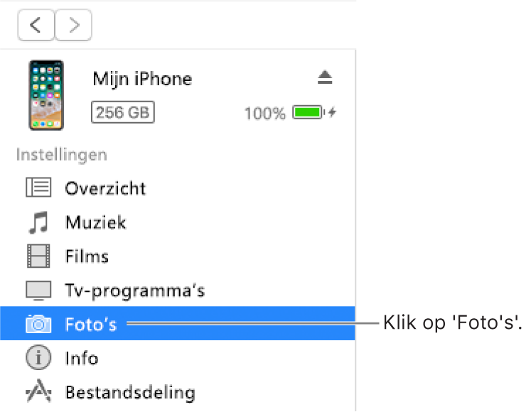 Het apparaatvenster met in de zijbalk aan de linkerkant 'Foto's' geselecteerd.