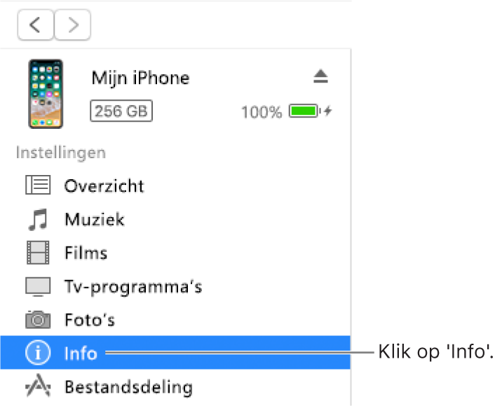 Het apparaatvenster met in de zijbalk aan de linkerkant 'Info' geselecteerd.