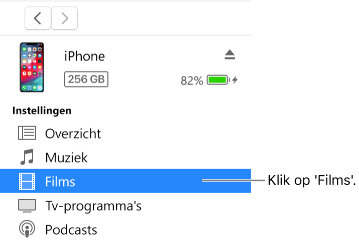 Het apparaatvenster met in de zijbalk aan de linkerkant 'Films' geselecteerd.