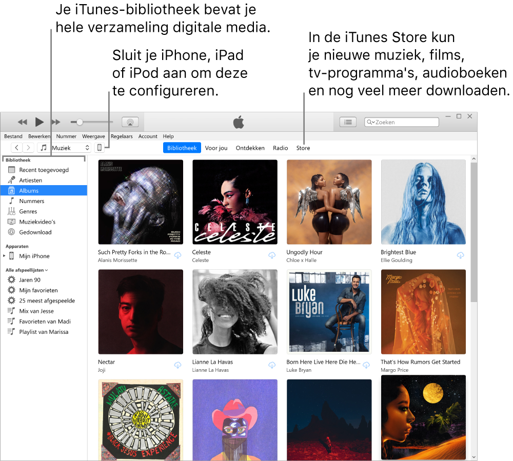 Weergave van het iTunes-venster: Het iTunes-venster bestaat uit twee panelen. De zijbalk 'Bibliotheek' bevindt zich aan de linkerkant. Hier zie je al je digitale media. In het grotere inhoudsgedeelte aan de rechterkant zie je een selectie waarin je geïnteresseerd bent. Ga bijvoorbeeld naar je bibliotheek of de pagina 'Voor jou', blader door nieuwe iTunes-muziek en -video's of ga naar de iTunes Store om nieuwe muziek, films, tv-programma's, audioboeken en meer te downloaden. Rechtsboven in de zijbalk 'Bibliotheek' vind je de knop 'Apparaat', waar wordt aangegeven dat je iPhone, iPad of iPod is verbonden met je pc.