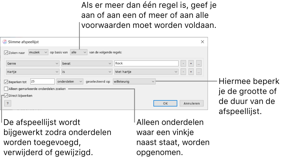 Het venster 'Slimme afspeellijst': Selecteer 'Zoeken naar' in de linkerbovenhoek en geef vervolgens op aan welke criteria de afspeellijst moet voldoen (bijvoorbeeld 'Genre' of 'Hartje'). Ga verder met het toevoegen of verwijderen van regels. Als er meerdere regels zijn, geef je aan of er aan één of aan alle voorwaarden moet worden voldaan. Onder in het venster kun je verschillende opties instellen, waaronder de grootte en lengte van de afspeellijst, of je alleen nummers met een ingeschakeld selectievakje wilt toevoegen en of je de afspeellijst wilt bijwerken als onderdelen in je iTunes-bibliotheek worden gewijzigd.