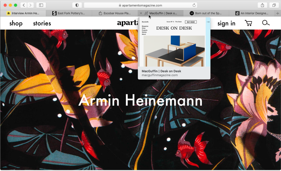 The Safari window with several tabs open, with the pointer over a tab showing a preview of the webpage.