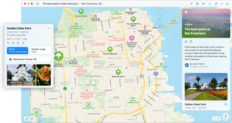 Mapa San Francisco z przewodnikami po popularnych atrakcjach turystycznych.