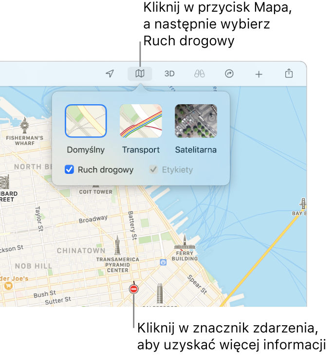 Mapa San Francisco. Widoczne są opcje mapy z zaznaczonym polem wyboru Ruch drogowy. Na mapie wyświetlane są zdarzenia drogowe.