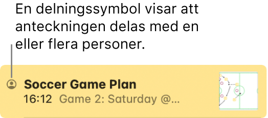 En anteckning som har delats med andra, med symbolen för att den är delad till vänster om anteckningens namn.