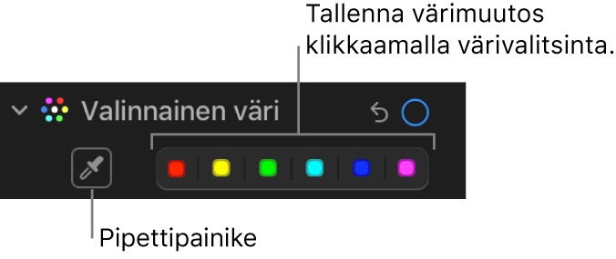 Säädöt-osion Valinnainen väri -säätimet, joissa pipettipainike ja värivalitsimet näkyvissä.