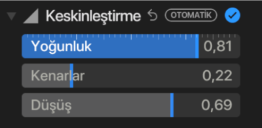 Yoğunluk, Kenarlar ve Düşüş sürgülerini gösteren Ayarla bölümündeki Netleştir denetimleri.