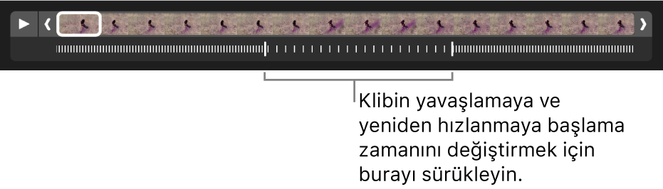 Videonun yavaşlayıp yeniden hızlandığı yeri değiştirmek için sürükleyebileceğiniz tutamaklar ile ağır çekim bir video klip.