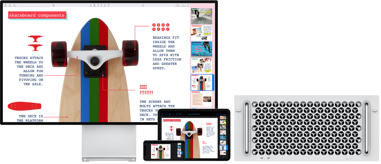 محتوى متماثل معروض على Mac Pro وiPad وiPhone.