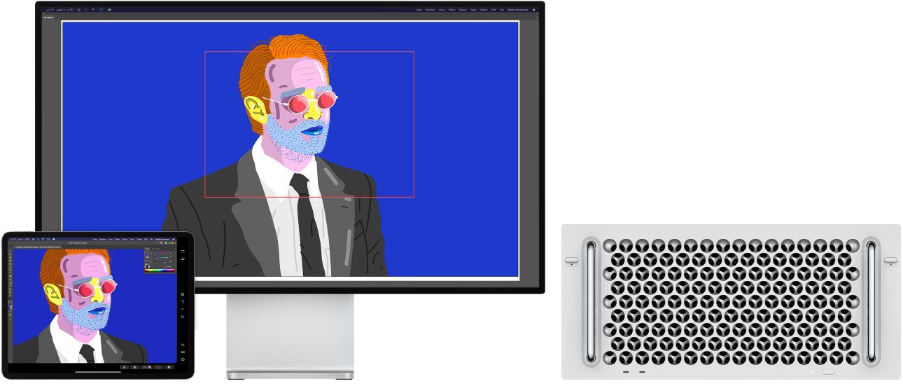 كمبيوتر Mac Pro وجهاز iPad جنبًا إلى جنب. يعرض الـ Mac Pro عملاً فنيًا داخل نافذة المتصفح في Illustrator. يعرض الـ iPad نفس العمل الفني في نافذة مستند في Illustrator، محاطًا بأشرطة أدوات.