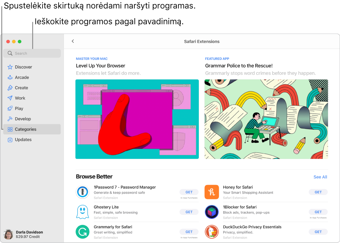 „App Store“ lange rodomi paieškos laukas ir puslapis „Safari Extensions“.