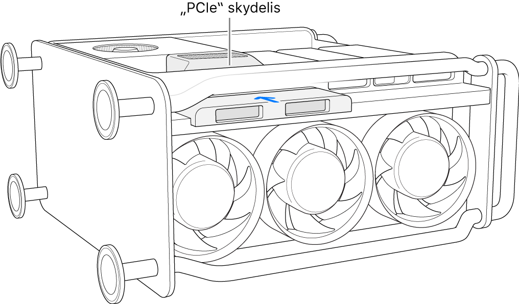 Ant šoninės pusės padėtas „Mac Pro“, rodomi „PCIe“ skydas ir SSD dangtis.