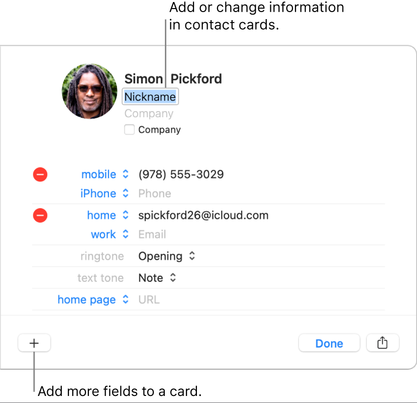 A contact card showing the nickname field below the contact’s name and a button at the bottom of the window for adding more fields to the card.