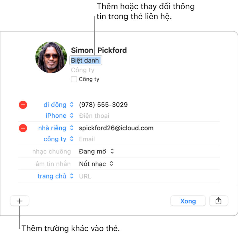 Thẻ liên hệ hiển thị trường bí danh bên dưới tên của liên hệ và một nút ở cuối cửa sổ để thêm trường khác vào thẻ.