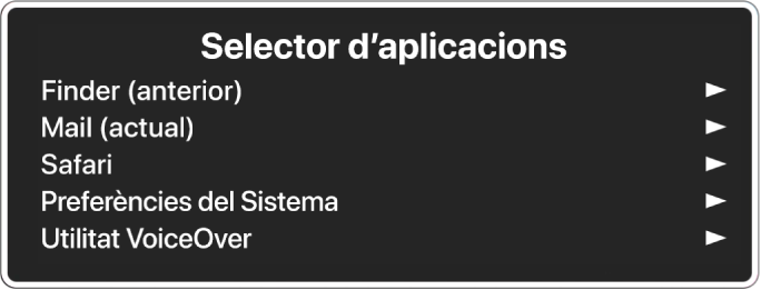 El Selector d’aplicacions mostrant cinc aplicacions obertes, inclòs el Finder i les preferències del sistema. A la dreta de cada ítem de la llista hi ha una fletxa.