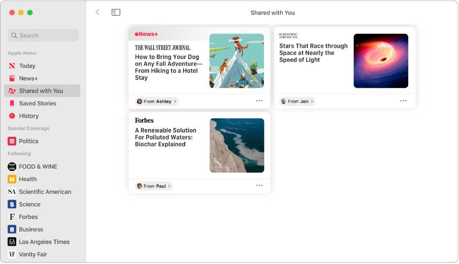 The Apple News window showing Shared with You selected in the sidebar and shared stories arranged in a grid on the right.