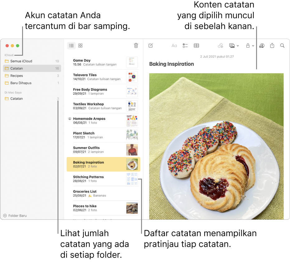 Jendela Catatan dengan semua akun serta folder Anda yang dikonfigurasikan tercantum di bar samping di kikir, daftar catatan di tengah menampilkan pratinjau tiap catatan, dan konten catatan yang dipilih muncul di kanan. Jumlah catatan muncul di samping tiap folder.