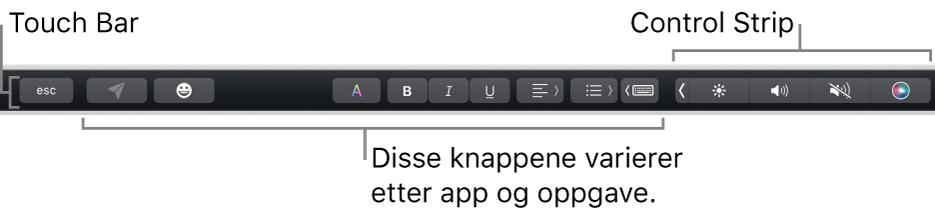 Touch Bar langs toppen av tastaturet, som viser minimert Control Strip til høyre, og knapper som varierer etter app eller oppgave.