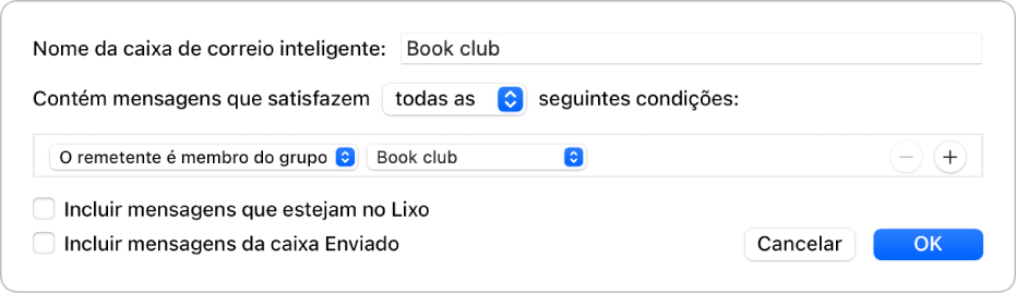 A janela “Grupo inteligente” a mostrar os critérios de um grupo com o nome “Calendários do futebol”. O grupo tem duas condições. A primeira condição tem dois critérios, mostrados da esquerda para a direita: “O remetente é membro do grupo” (selecionado num menu pop-up) e “Grupo de futebol” (selecionado num menu pop-up). A segunda condição tem um critério: “Contém anexos” (selecionado num menu pop-up).