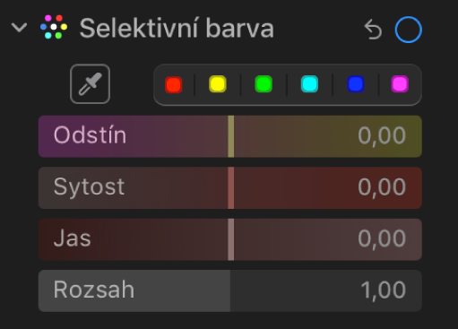 Ovládací prvky Selektivní barva na panelu Úpravy s jezdci Odstín, Sytost, Jas a Rozsah