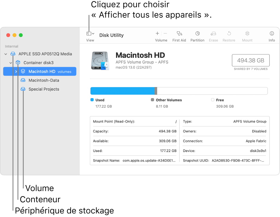 Une fenêtre Utilitaire de disque affichant trois volumes un conteneur et un périphérique de stockage en présentation « Afficher tous les appareils ».