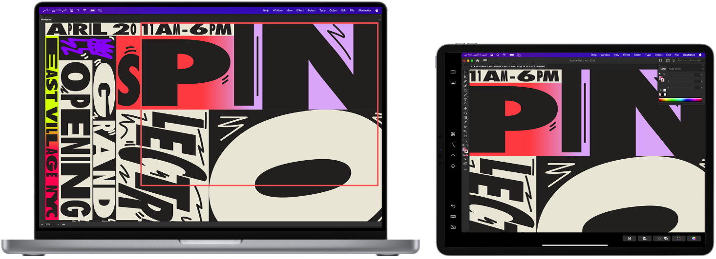 جهاز MacBook Pro و iPad جنبًا إلى جنب. يعرض الـ MacBook Pro عملاً فنيًا داخل نافذة المستكشف في Illustrator. يعرض الـ iPad نفس العمل الفني في نافذة مستند في Illustrator، محاطًا بأشرطة أدوات.