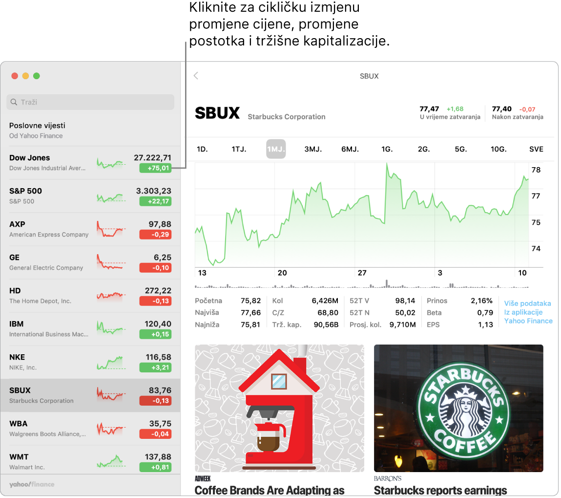 Zaslon aplikacije Dionice s prikazom informacija i članaka o odabranoj dionici, s oblačićem “Kliknite za cikličku izmjenu cijena, postotka i kapitalizacije tržišta.”