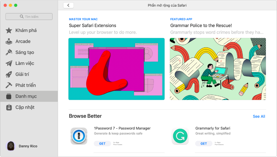 Trang Mac App Store chính. Thanh bên ở bên trái bao gồm các liên kết đến các khu vực khác nhau của cửa hàng, như Arcade và Sáng tạo cũng như Danh mục được chọn. Ở bên phải là danh mục các phần mở rộng của Safari.