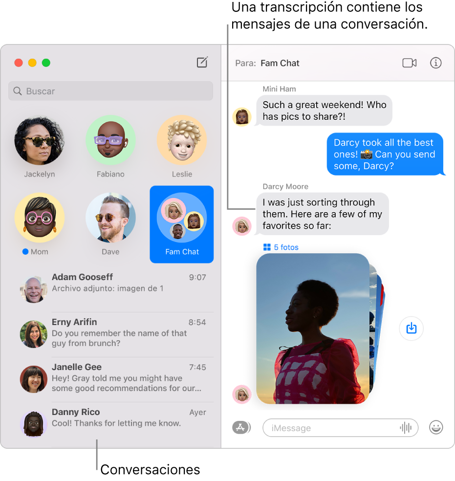 La ventana de Mensajes con conversaciones en la barra lateral y la transcripción que contiene los mensajes de la conversación.