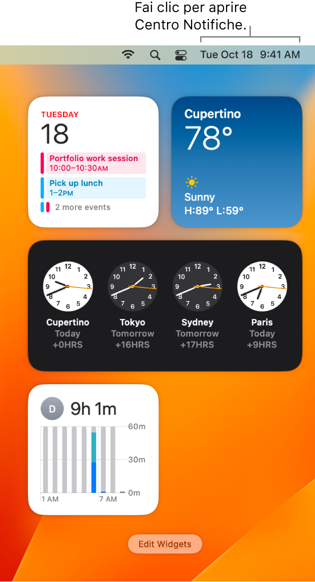 Centro Notifiche con notifiche e widget per Calendario, Meteo, Orologio e “Tempo di utilizzo”.