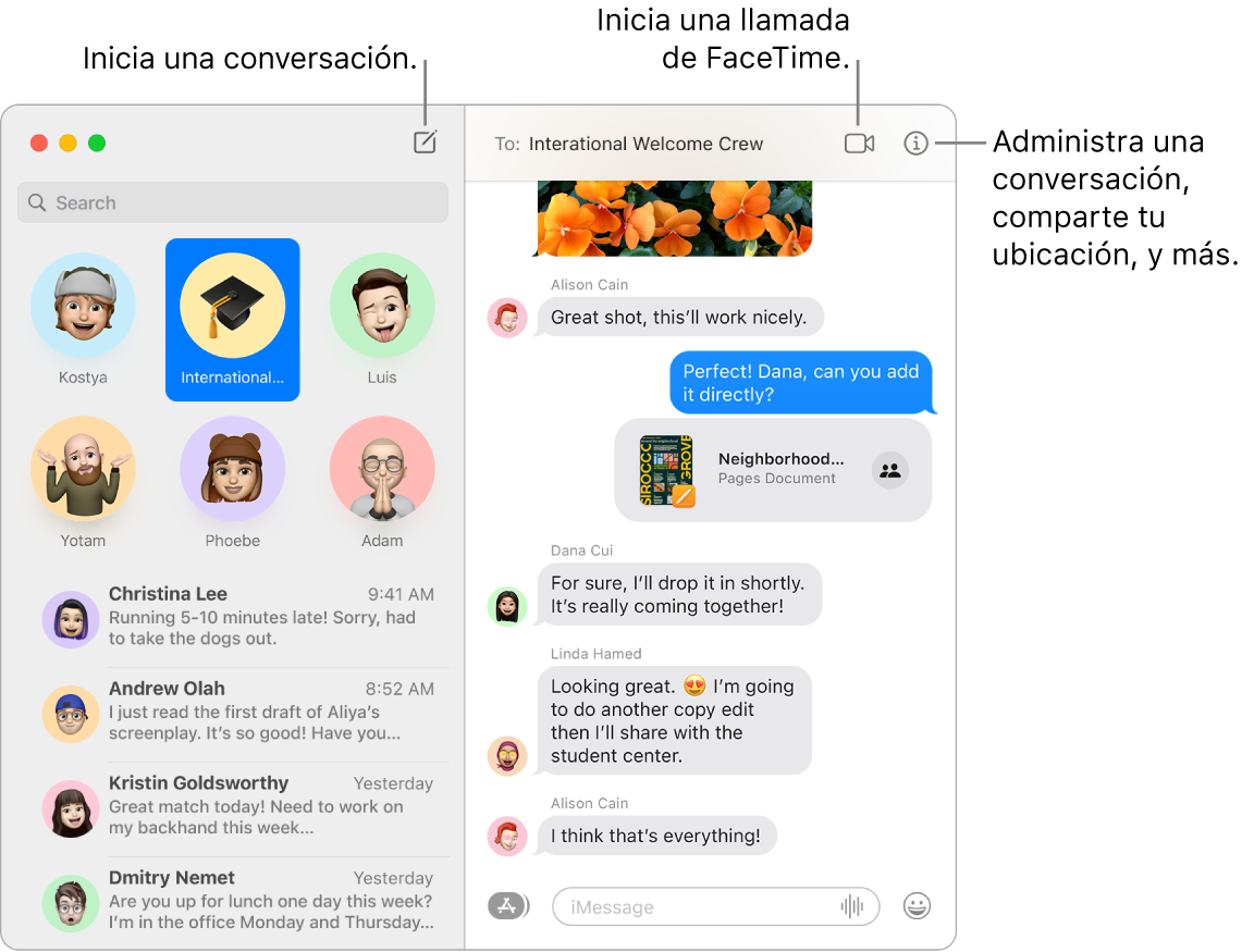 Ventana de Mensajes mostrando cómo comenzar una conversación y una llamada de FaceTime.