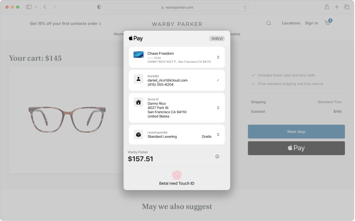 Et skjermbilde på Mac som viser et pågående nettkjøp med Apple Pay-alternativet i Safari.