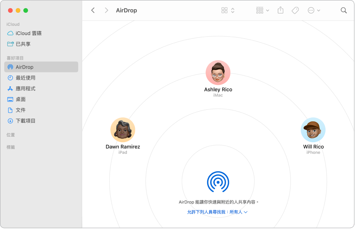 Finder 視窗側邊欄的「喜好項目」區域中，選取了 AirDrop。