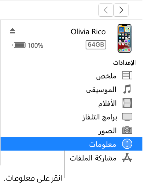 نافذة الجهاز، مع تحديد معلومات في الشريط الجانبي على اليمين.