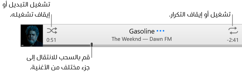 الشعار مع أغنية تعزف. يوجد زر الخلط في الزاوية العلوية اليسرى؛ ويوجد زر التكرار في الزاوية العلوية اليمنى. قم بسحب المؤشر للوصول إلى جزء مختلف من الأغنية.