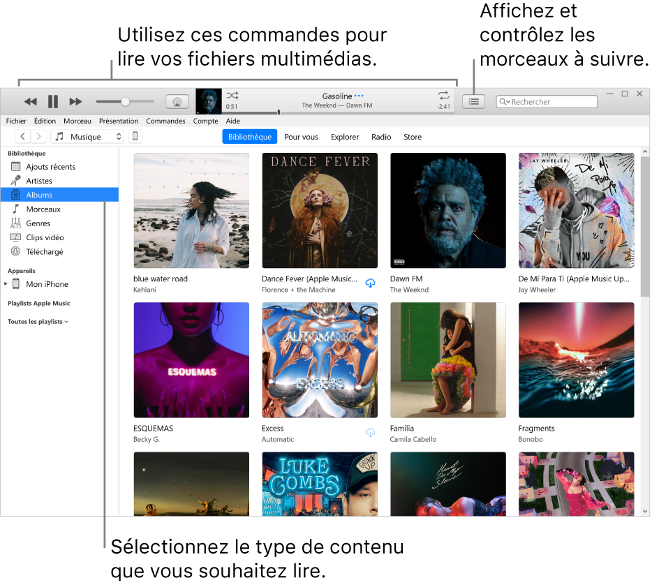 La fenêtre principale de la bibliothèque iTunes : Dans le navigateur, choisissez le type de contenus multimédias à lire (tel que Musique). Utilisez les commandes de la bannière située en haut pour lire votre contenu multimédia, et utilisez le menu local Liste d’attente sur la droite pour voir votre bibliothèque de différentes manières.