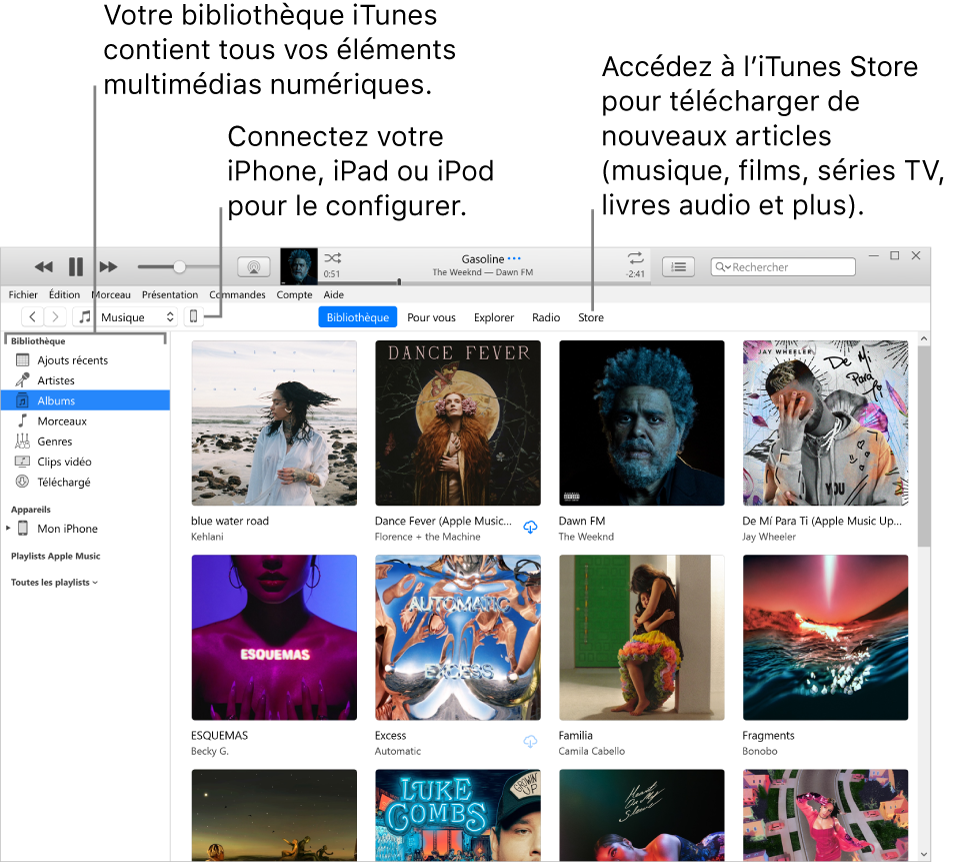 Présentation de la fenêtre iTunes : La fenêtre iTunes se compose de deux sous-fenêtres. La barre latérale Bibliothèque, qui contient tous vos contenus multimédias numériques, se trouve sur la gauche. Sur la droite, dans la plus vaste zone de contenus, vous pouvez voir une sélection correspondant à vos intérêts, par exemple : visiter votre bibliothèque ou votre page Pour vous, explorer les nouvelles musiques et vidéos iTunes, ou visiter l’iTunes Store pour télécharger de nouveaux morceaux, films, séries TV, livres audio, etc. En haut à droite de la barre latérale Bibliothèque se trouve le bouton Appareil, qui s’affiche lorsque votre iPhone, iPad ou iPod est connecté à votre PC.