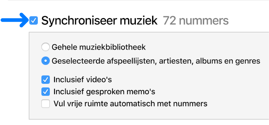 Linksboven is 'Muziek synchroniseren' geselecteerd met opties voor het synchroniseren van je gehele bibliotheek of alleen de geselecteerde onderdelen.