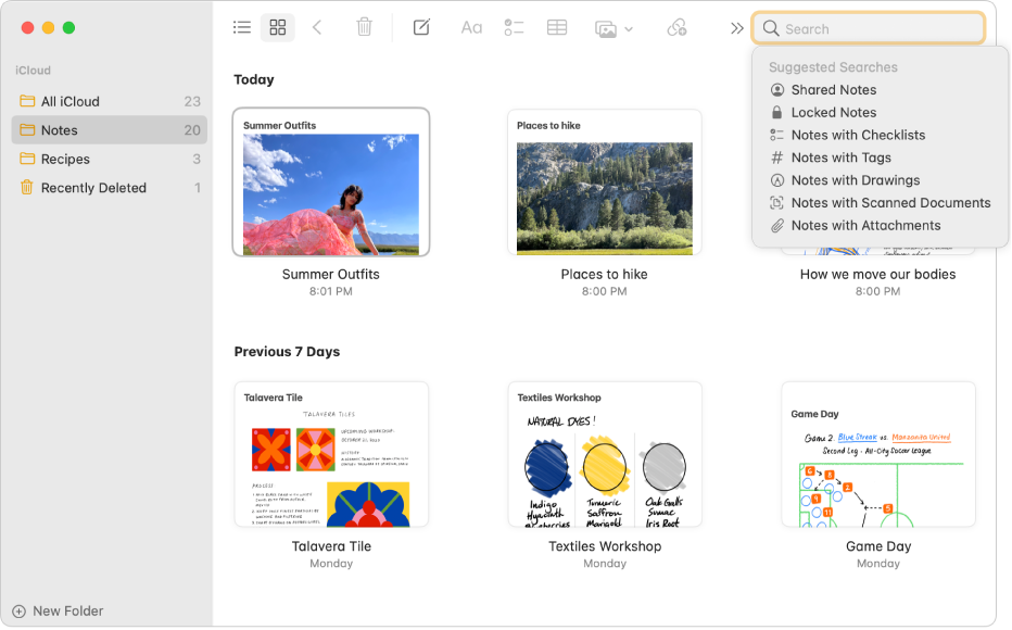 Note nella vista Galleria; viene mostrato il contenuto di ciascuna in una miniatura. Le ricerche suggerite vengono visualizzate nell'angolo in alto a destra, come note bloccate e note con allegati.