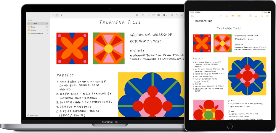 En Mac och en iPad som visar samma anteckning från iCloud.