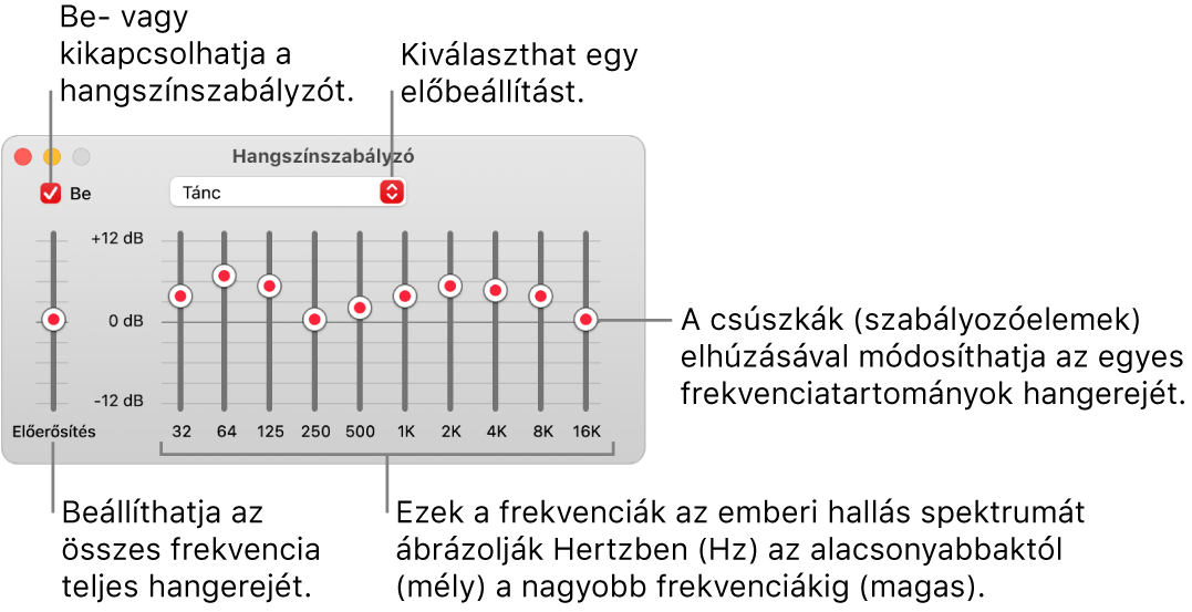 A Hangszínszabályzó ablak: A Zene hangszínszabályzóját bekapcsoló jelölőnégyzet a bal felső sarokban található. Mellette található a hangszínszabályzó előbeállításait tartalmazó felugró menü. A bal szélen beállíthatja az előerősítővel a frekvenciák általános hangerejét. A hangszínszabályzó előbeállításai alatt beállíthatja azon különböző frekvenciatartományok hangszintjét, amelyek az emberi hallás spektrumait jelölik a legalacsonyabbtól kezdve a legmagasabbig.