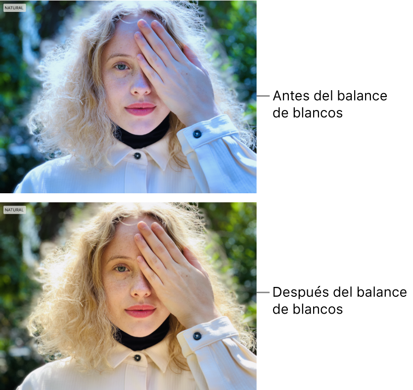 Una foto del antes y después de un ajuste de balance de blancos.