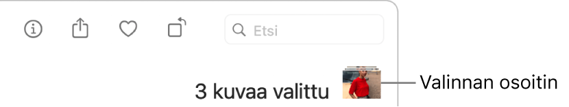 Valintailmaisin, joka näyttää, että kolme kuvaa on valittu.